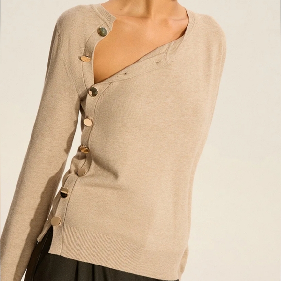 Commense Asymmetric Button Knit Top  Camel Color Long Sleeve Gold Detail Size M - Picture 10 of 11